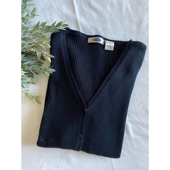 Old Navy Cardigan Sweater Black Large Ribbed V-Neck Buttoned Front - Picture 3 of 6